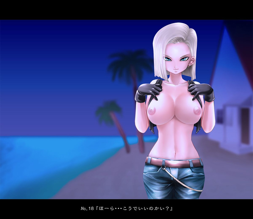 android_18 blonde_hair blue_eyes breasts dragon_ball dragon_ball_z dragonball_z earrings gloves jewelry nipples