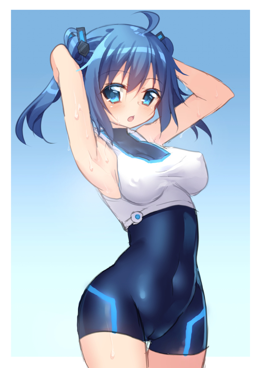 ahoge armpits arms_up bangs blue_background blue_eyes blue_hair bodysuit border breasts cameltoe chestnut_mouth commentary covered_navel covered_nipples cowboy_shot craytm eyebrows_visible_through_hair gradient gradient_background highres looking_at_viewer medium_breasts original sidelocks solo twintails wet white_border