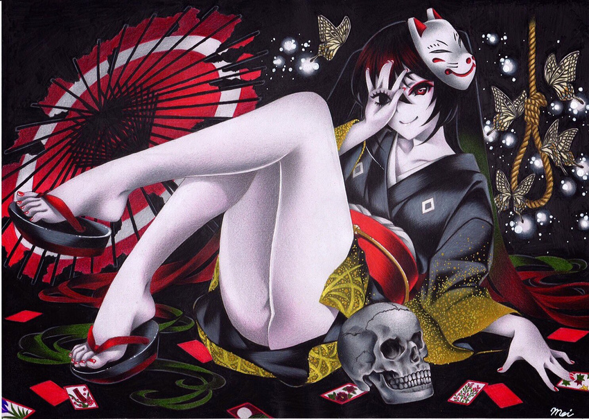 bangs black_hair black_kimono bug butterfly collarbone colored_pencil_(medium) fox_mask full_body hatsune_miku insect inuono_mama japanese_clothes kimono long_hair looking_at_viewer mask musunde_hiraite_rasetsu_to_mukuro_(vocaloid) nail_polish noose red_nails rope sandals sitting skull smile solo traditional_media twintails umbrella vocaloid