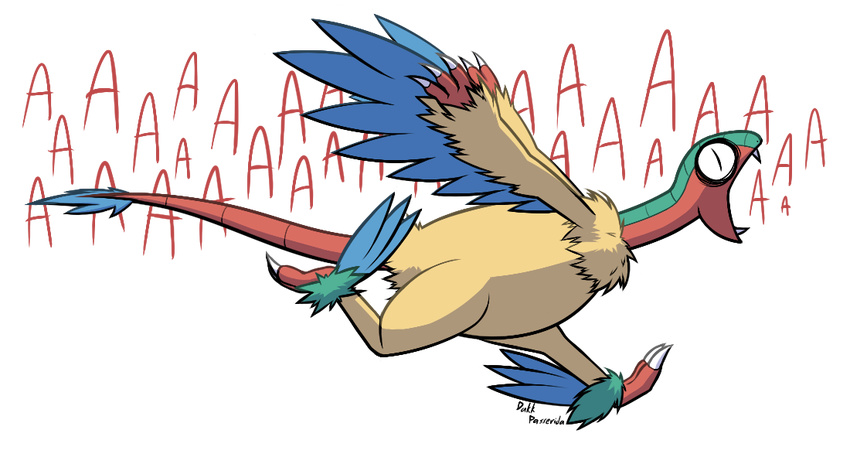 archeops arms_up artist_name bird black_eyes claws dakkpasserida english fangs feet full_body furry leg_lift no_humans open_mouth outstretched_arms pokemon pokemon_(creature) pokemon_bw running screaming signature simple_background solo tail teeth text transparent_background wings