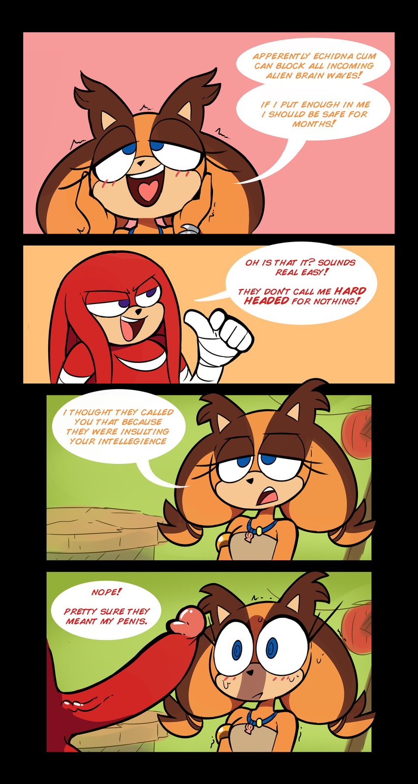 anthro badger balls bandage blush comic dialogue duo echidna english_text erection female humanoid_penis knuckles_the_echidna male male/female mammal miscon monotreme mustelid open_mouth penis smile sonic_(series) sonic_boom sticks_the_jungle_badger sweat text