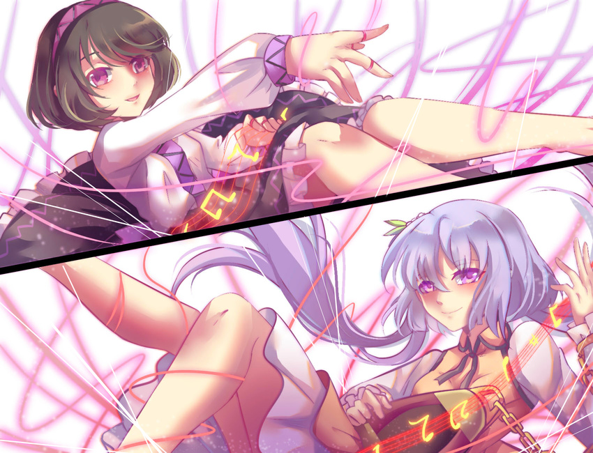 bad_id bad_pixiv_id beamed_eighth_notes biwa_lute black_skirt blouse brown_hair chain dress eighth_note hair_ornament hairband highres instrument lavender_hair layered_dress leg_lift long_sleeves looking_at_viewer low_twintails lute_(instrument) multiple_girls musical_note nga_(artist) outstretched_hand parted_lips purple_eyes quarter_note reclining siblings sisters skirt smile split_screen staff_(music) touhou tsukumo_benben tsukumo_yatsuhashi twintails white_blouse