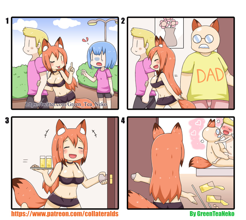 4koma adultery animal_humanoid bed blonde_hair blue_hair blush breasts canine comic daughter eyes_closed eyewear facial_hair father female fox fox_humanoid glasses greenteaneko hair humanoid humor lemonade male male/male mammal middle_finger mustache netorare one_eye_closed orange_hair parent sex tears wink