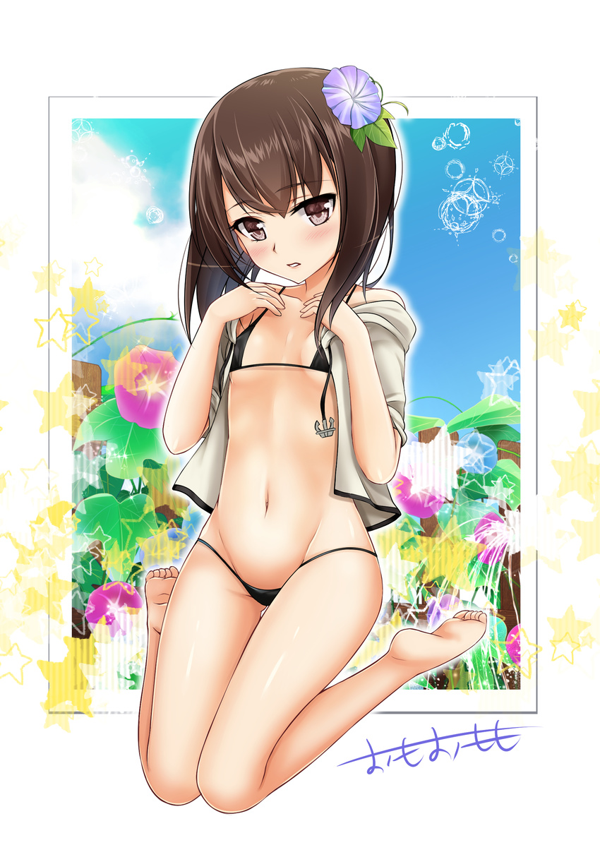 bikini feet kantai_collection omoomomo open_shirt signed swimsuits taihou_(kancolle)