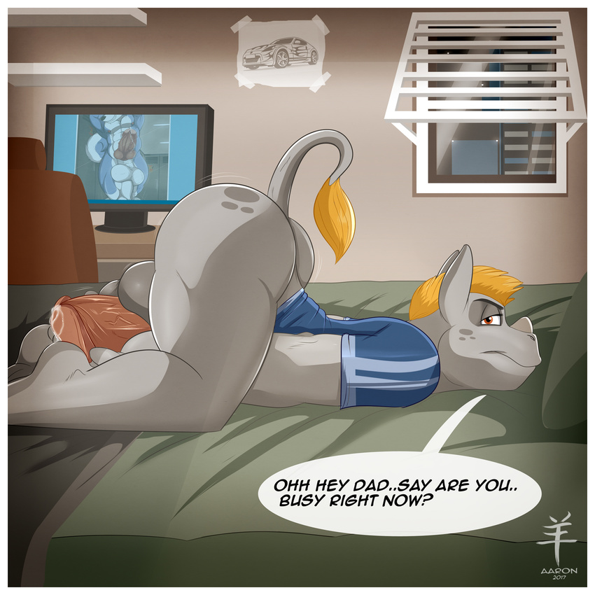 2017 aaron_(artist) anthro ass_up balls bedroom bedroom_eyes big_butt big_penis blonde_hair butt canine clothed clothing cub dialogue english_text hair half-closed_eyes male mammal monitor partially_clothed penis precum rhinoceros seductive teenager text young