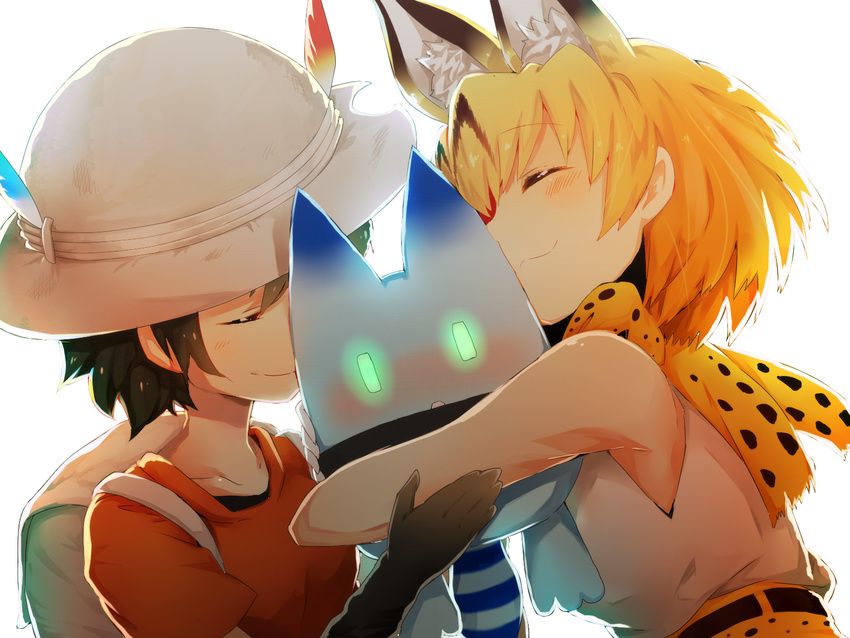 :3 ^_^ amime_(pqrs1994) animal_ears backpack bag bare_shoulders black_gloves blonde_hair blush closed_eyes collarbone commentary_request extra_ears gloves hand_on_another's_arm hat hat_feather helmet highres hug kaban_(kemono_friends) kemono_friends lucky_beast_(kemono_friends) multiple_girls pith_helmet red_shirt sandwiched serval_(kemono_friends) serval_ears serval_print shirt short_hair short_sleeves sleeveless smile upper_body white_background white_shirt