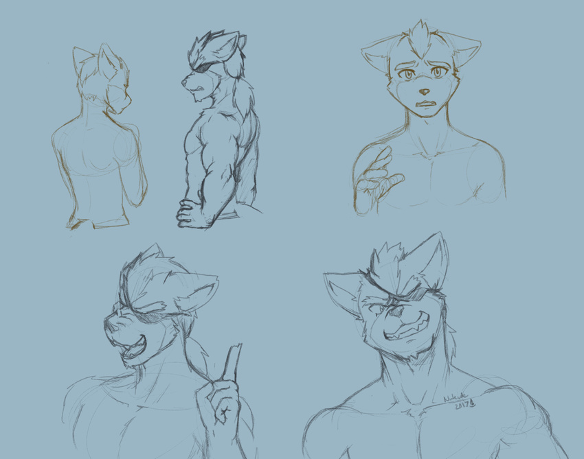 2017 anthro canine duo eye_patch eyewear fox fox_mccloud greyscale hi_res male male/male mammal monochrome muscular muscular_male nintendo nude nukde ponytail star_fox video_games wolf wolf_o'donnell