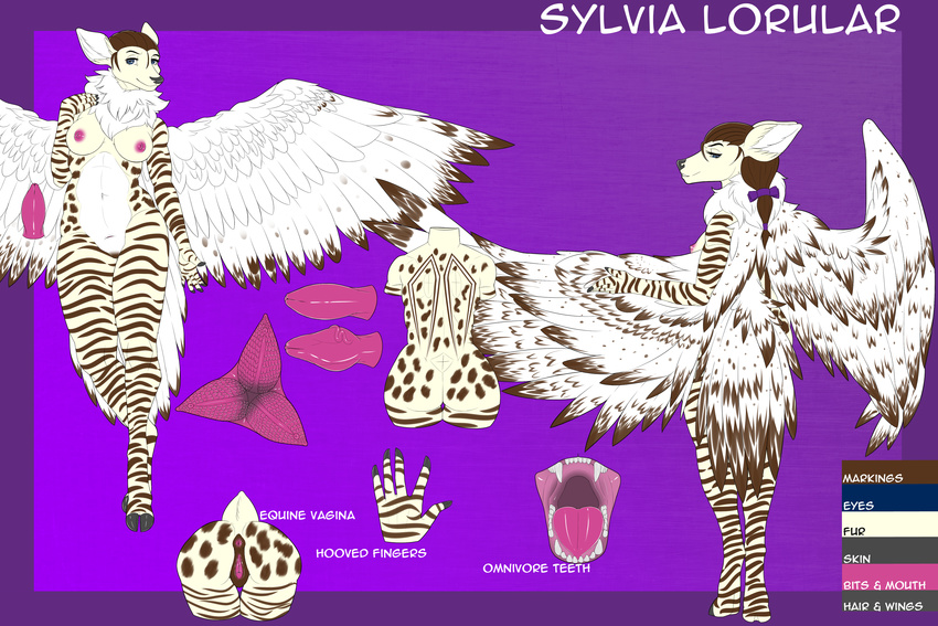 2017 animal_genitalia anthro blue_eyes bow breasts brown_hair cervine deer dickgirl digitigrade equine_vagina fangs feathers fur_collar hair hi_res hooves hybrid intersex mammal model_sheet navel neck_fur nipples oviposition ovipositor penis pointed_tongue ponytail prismwind solo spots stripes sylvia_lorular tail_feathers theorangewolf tongue wings