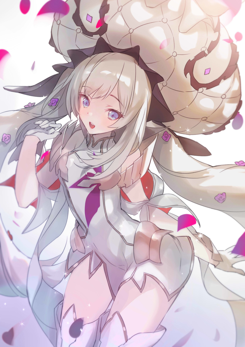 absurdres blue_eyes cowboy_shot dress eyebrows_visible_through_hair fate/grand_order fate_(series) floating_hair flower gin_(oyoyo) gloves highres long_hair looking_at_viewer marie_antoinette_(fate/grand_order) purple_flower short_sleeves silver_hair sleeveless sleeveless_dress solo standing thighhighs twintails very_long_hair white_dress white_gloves white_legwear