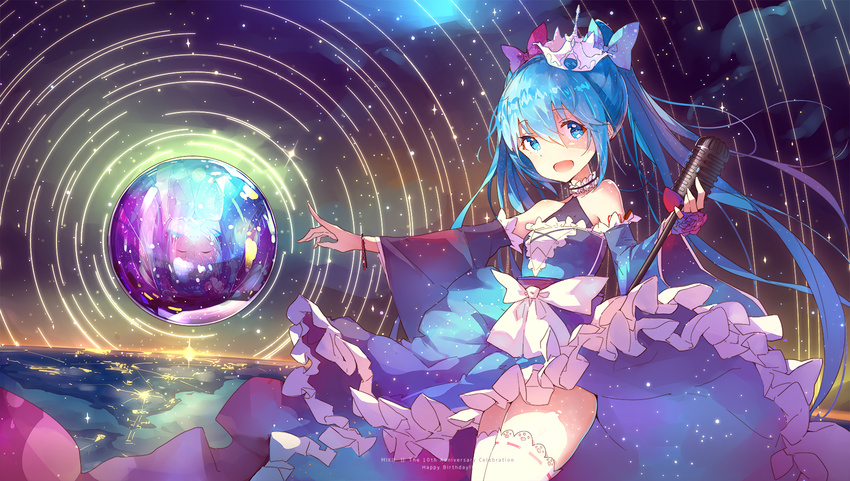 blue_eyes blue_hair bracelet detached_sleeves dress hatsune_miku highres jewelry long_hair looking_at_viewer microphone microphone_stand open_mouth solo star_trail thighhighs vocaloid yong_mei-uta