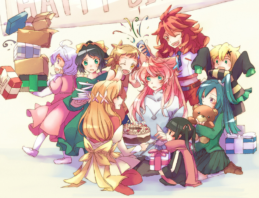 ;d ahoge akatsuki_kirika amou_kanade bangs banner belt black_hair blonde_hair blue_hair blush bow box brown_hair cake candle commentary_request dress eyebrows_visible_through_hair food gift gift_box green_eyes hair_bow hair_ornament holding holding_plate kazanari_tsubasa kohinata_miku long_hair maria_cadenzavna_eve midriff multiple_girls necktie one_eye_closed one_side_up open_mouth orange_eyes oversized_clothes party_popper pink_hair plate ponytail purple_eyes purple_hair red_hair rhapsode scarf senki_zesshou_symphogear serena_cadenzavna_eve shoes short_hair sitting skirt sleeves_past_wrists smile striped striped_scarf stuffed_animal stuffed_toy tachibana_hibiki_(symphogear) teddy_bear tsukuyomi_shirabe twintails yellow_eyes younger yukine_chris