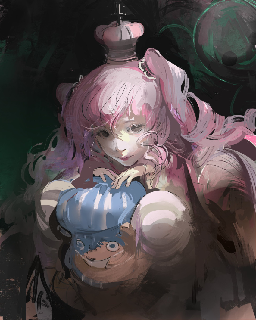 1girl absurdres black_background blunt_bangs closed_mouth crown hair_between_eyes hair_tie hashtag-only_commentary hat highres kanji_(nievart) kumacy looking_at_viewer mask mouth_mask one_piece perona pink_hair simple_background stuffed_animal stuffed_toy twintails