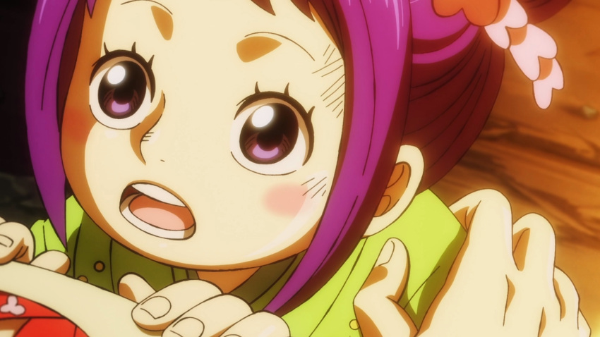 1girl anime_screenshot blush_stickers child green_kimono hair_bun hair_ornament highres japanese_clothes kimono kurozumi_tama non-web_source one_piece open_mouth purple_eyes purple_hair teeth