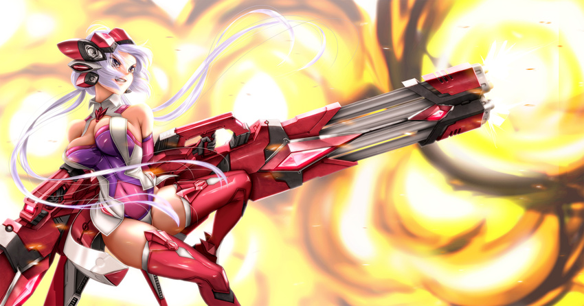 ahoge bare_shoulders bouncing_breasts breasts commentary_request covered_navel dual_wielding elbow_gloves explosion gatling_gun gloves grin gun headgear highres holding large_breasts leotard long_hair looking_at_viewer parted_lips purple_eyes purple_leotard red_legwear senki_zesshou_symphogear shiny shiny_clothes silver_hair smile solo tect thighhighs twintails weapon yukine_chris