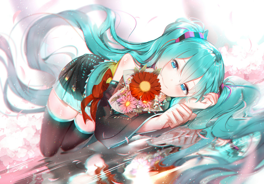 absurdly_long_hair aqua_eyes bangs black_legwear black_skirt blue_hair blurry blush bouquet closed_mouth commentary_request depth_of_field detached_sleeves dutch_angle flower hair_between_eyes hatsune_miku holding holding_bouquet light_smile long_hair looking_at_viewer lying on_side petals phino pleated_skirt reflection ripples sidelocks skirt smile solo thighhighs thighs twintails very_long_hair vocaloid