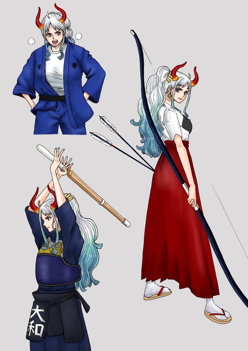 1girl aqua_hair arms_up arrow_(projectile) blue_kimono bougu bow_(weapon) couchpotato_op earrings gradient_hair grey_background hair_ornament hair_stick hakama heavy_breathing highres holding holding_bow_(weapon) holding_weapon hoop_earrings horns japanese_clothes jewelry kendo kimono long_hair multicolored_hair one_piece open_mouth orange_eyes ponytail red_hakama red_horns sandals serious shirt simple_background socks sportswear sword variations weapon white_hair white_shirt white_socks wooden_sword yamato_(one_piece)