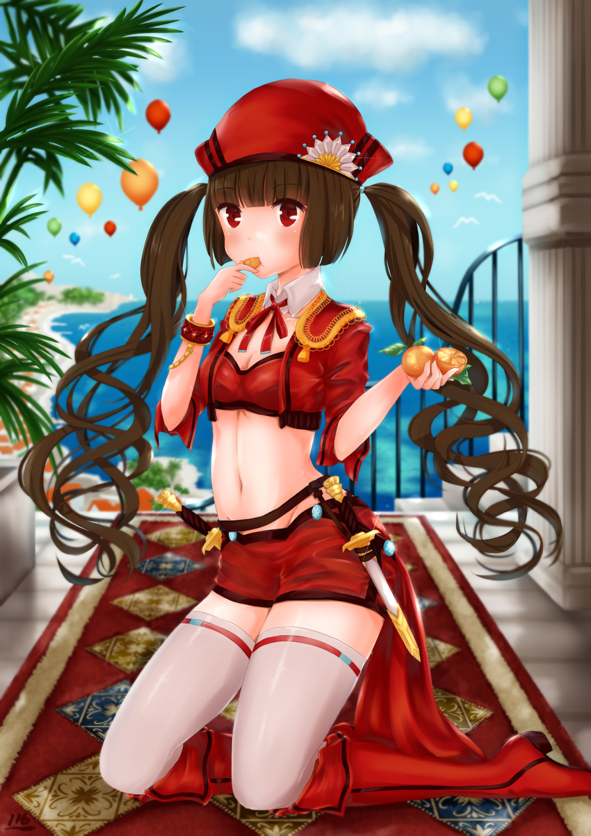 balloon blush boots breasts brown_hair cleavage eating eyebrows_visible_through_hair food hat high_heel_boots high_heels highres holding holding_food hoshimaemi knee_boots kneeling knife long_hair looking_at_viewer medium_breasts navel original red_eyes red_footwear red_hat sheath sheathed solo thighhighs twintails white_legwear