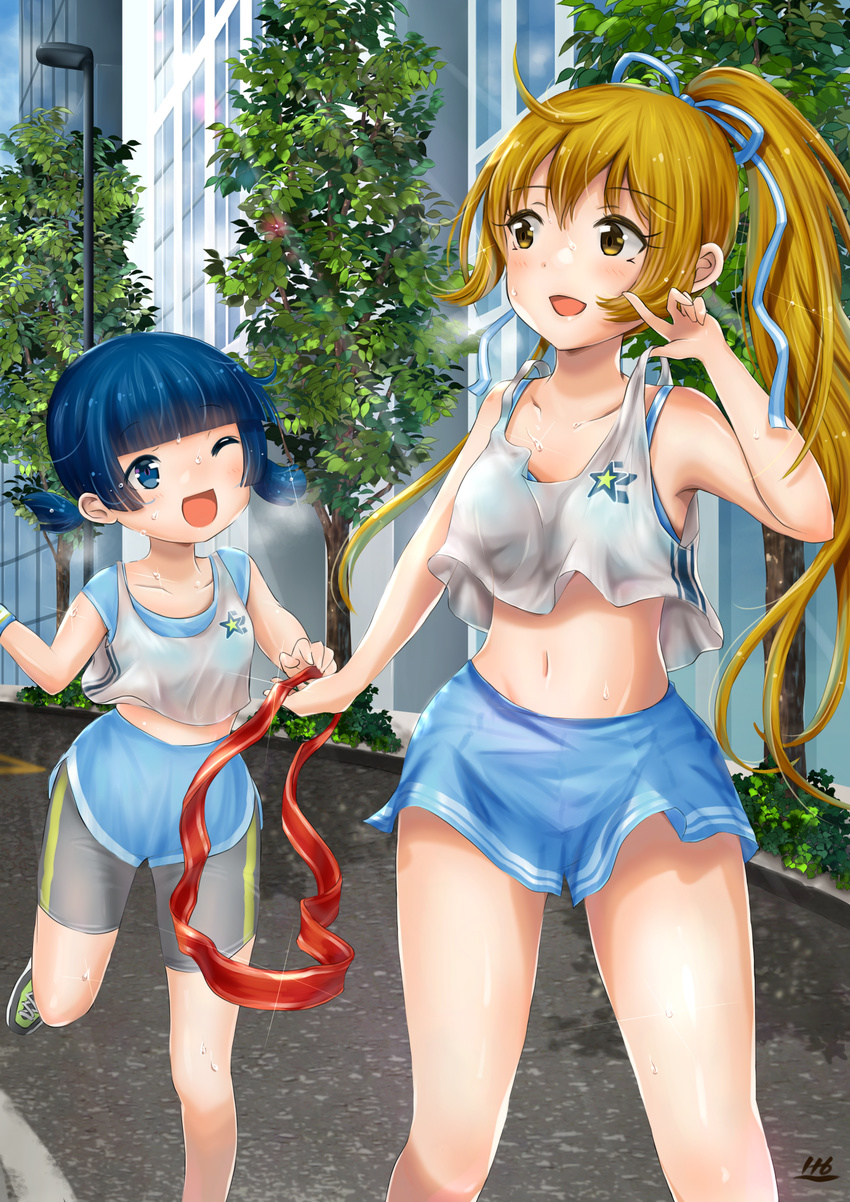 bike_shorts bike_shorts_under_shorts blue_eyes blue_hair blue_ribbon blush brown_eyes brown_hair collarbone crop_top crop_top_overhang eyebrows_visible_through_hair gym_shorts hair_ribbon highres holding_hand hoshimaemi looking_at_another midriff multiple_girls navel one_eye_closed open_mouth original ponytail ribbon short_hair shorts smile sweatdrop tank_top