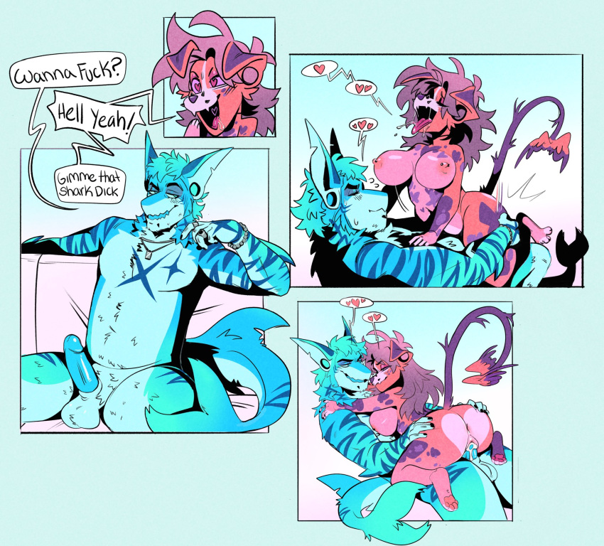 4_panel_comic ahegao angelbite_piercing anthro anthro_on_anthro anthro_penetrated anthro_penetrating anthro_penetrating_anthro anus areola avian balls barbell_piercing big_breasts bird bite biting_lip blue_body blue_fur blue_stripes breasts butt canid canine canis dialogue domestic_dog ear_piercing elbow_fin english_text erection eyes_closed facial_piercing fangs feet female female_penetrated fin fish flamingo fur furred_shark gauged_ear genitals gradient_background hair half-closed_eyes heart_eyes heart_symbol hi_res highlights_(coloring) huge_breasts humanoid_genitalia humanoid_penis humanoid_pussy hybrid lip_piercing looking_pleasured male male/female male_penetrating male_penetrating_female mammal marine narrowed_eyes nipple_barbell nipple_piercing nipples nonbinary_(lore) nude open_mouth open_smile pawpads paws penetration penile penile_penetration penis penis_in_pussy perineum piercing pink_areola pink_body pink_fur pink_hair pink_nipples pink_pawpads purple_body purple_fur purple_highlights purple_sclera pussy sex shark short_stack simple_background smile snakebite_piercing sparkibarki speech_bubble spread_toes striped_body striped_fur stripes stud_piercing tail tail_fin tail_tuft teeth text toes tongue tongue_out tuft vaginal vaginal_penetration