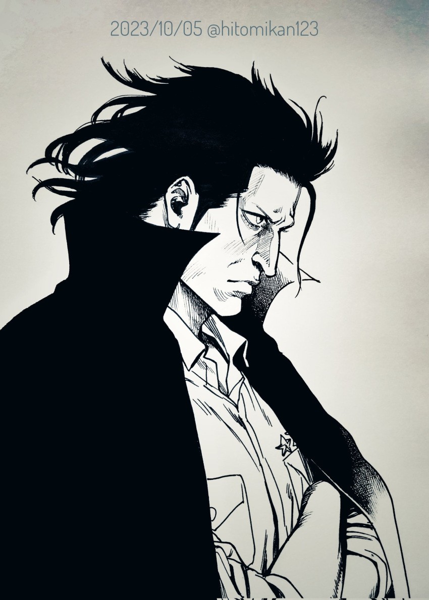 1boy breast_pocket cape closed_mouth collared_shirt commentary_request crossed_arms dated gankyuumikan greyscale hair_slicked_back high_collar highres looking_ahead male_focus monkey_d._dragon monochrome one_piece pocket profile shirt solo twitter_username upper_body