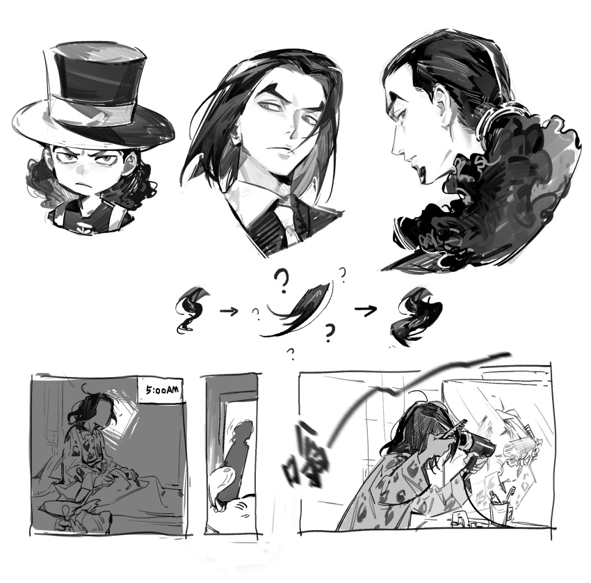1boy ? age_progression aquan_error black_hair brushing_hair curly_hair english_text facial_hair frown goatee hair_brush hair_dryer hat highres holding holding_hair_brush holding_hair_dryer long_hair looking_at_viewer looking_to_the_side male_focus mirror monochrome on_bed one_piece pajamas ponytail profile rob_lucci sideways_glance top_hat waking_up