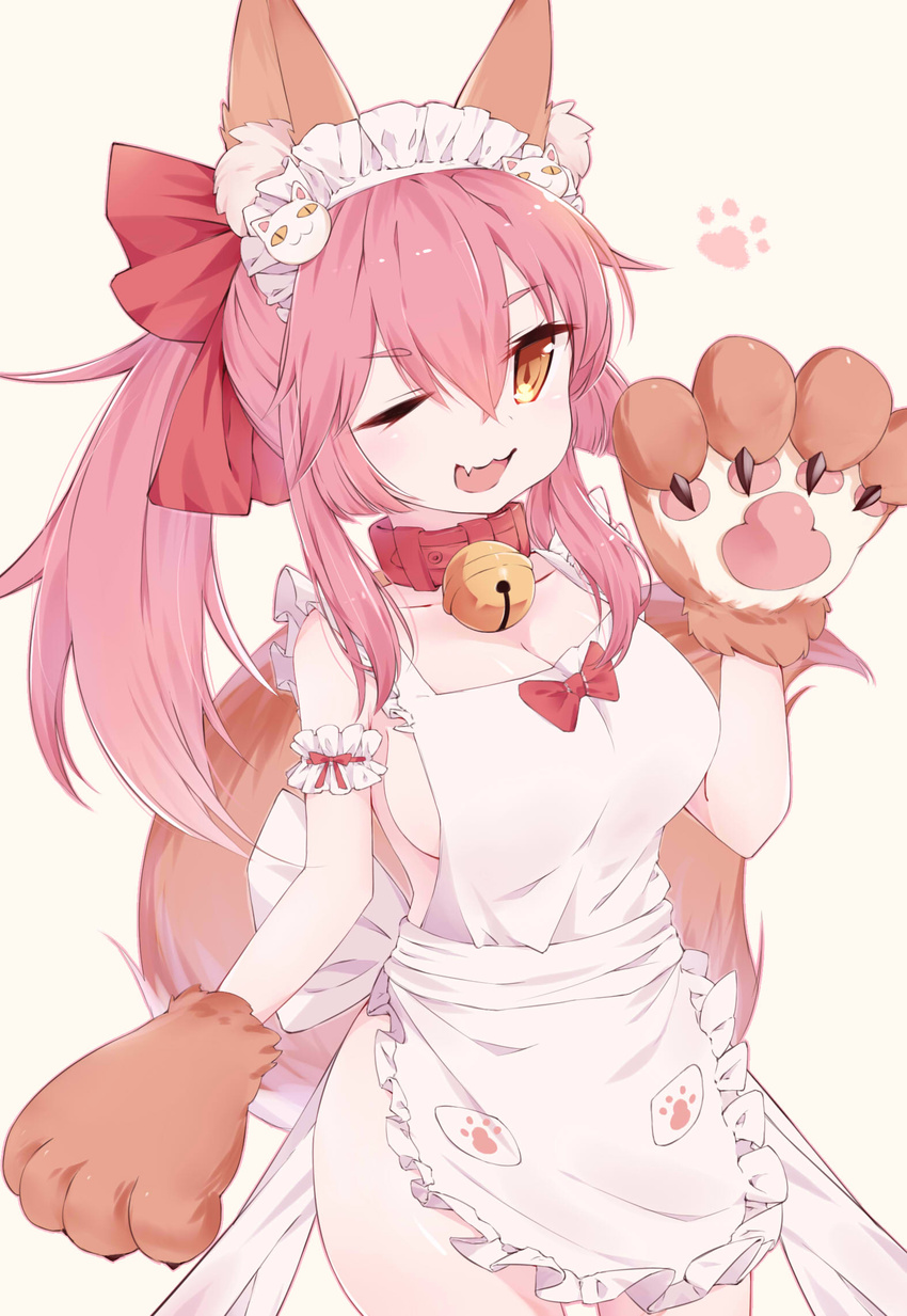 :3 animal_ears apron bad_id bad_pixiv_id bell bell_collar breasts cleavage collar fang fate/grand_order fate_(series) fox_ears fox_tail fukurou_(hvgd5584) hair_ribbon highres large_breasts long_hair looking_at_viewer maid_headdress naked_apron one_eye_closed open_mouth paws pink_hair ribbon sideboob solo tail tamamo_(fate)_(all) tamamo_cat_(fate) yellow_eyes