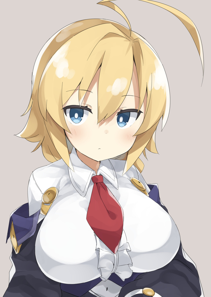 abarabone absurdres ahoge bad_revision bangs blazblue blonde_hair blue_eyes blush breasts closed_mouth collared_shirt downscaled_revision embryo es_(xblaze) expressionless eyebrows_visible_through_hair grey_background hair_between_eyes highres large_breasts looking_at_viewer md5_mismatch necktie red_neckwear shirt short_hair simple_background solo upper_body white_shirt xblaze xblaze_code:_embryo
