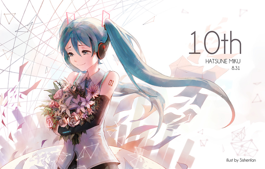 anniversary artist_name bangs blue_eyes blue_hair blue_neckwear bouquet character_name closed_mouth commentary cube dated detached_sleeves envelope flower globe hair_between_eyes hatsune_miku holding holding_bouquet long_hair necktie paper shirt sishenfan sleeveless sleeveless_shirt smile solo tareme twintails upper_body very_long_hair vocaloid white_shirt