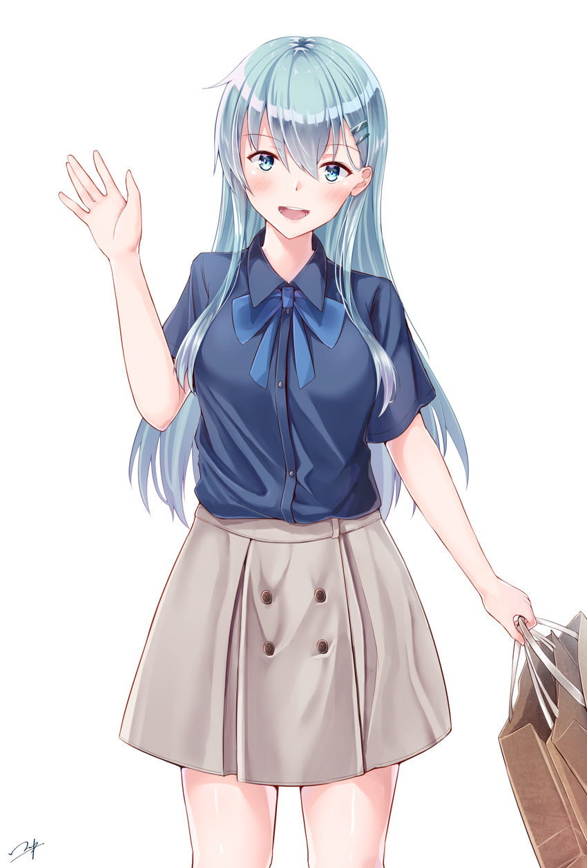 alternate_costume alternate_eye_color aqua_hair bag blouse blue_blouse blue_eyes blush breasts collared_blouse commentary_request cowboy_shot grey_skirt hair_between_eyes hair_ornament hairclip hand_up highres holding holding_bag kantai_collection long_hair long_skirt medium_breasts open_mouth shiny shiny_hair short_sleeves simple_background skirt solo suzuya_(kantai_collection) waving white_background yukai_nao