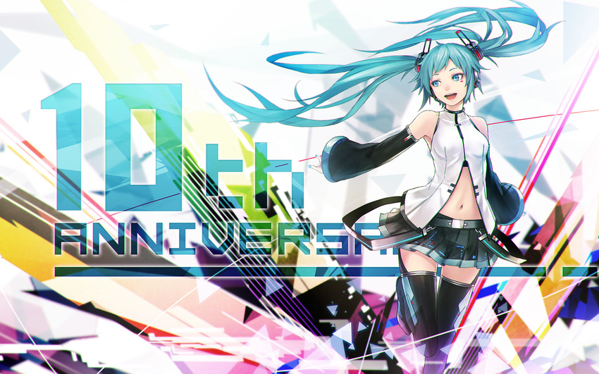 :d anniversary aqua_eyes aqua_hair aqua_nails armpit_peek bangs bare_shoulders belt black_footwear black_skirt boots breasts commentary detached_sleeves english facial_mark hatsune_miku highres large_breasts long_hair looking_away looking_to_the_side midriff nail_polish navel open_mouth pleated_skirt shirt skirt sleeveless sleeveless_shirt smile solo standing standing_on_one_leg sugi_214 thigh_boots thighhighs twintails vocaloid zettai_ryouiki