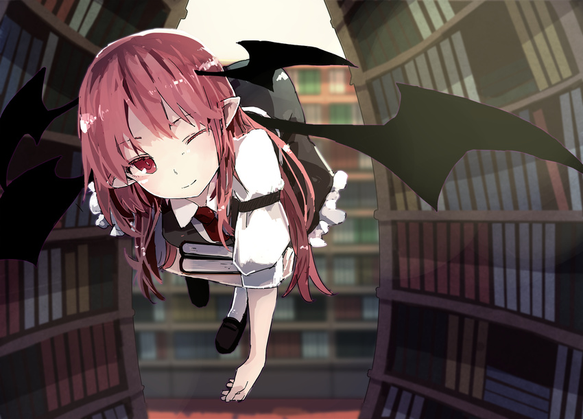 black_footwear book book_stack bookshelf closed_mouth demon_wings flying full_body futatsuki_eru head_tilt head_wings highres holding holding_book koakuma library long_hair looking_at_viewer necktie one_eye_closed pointy_ears red_eyes red_hair red_neckwear shoes smile socks solo touhou voile white_legwear wings