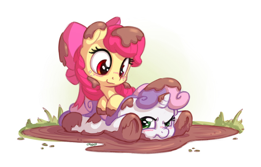 2016 apple_bloom_(mlp) blush bobdude0 duo earth_pony equine female feral friendship_is_magic frown green_eyes hair hair_bow hair_ribbon hooves horn horse looking_back lying mammal mud multicolored_hair my_little_pony on_front orange_eyes pink_hair pony purple_hair ribbons simple_background smile sweetie_belle_(mlp) two_tone_hair underhoof unicorn white_background young