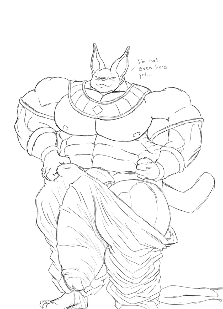 2017 abs anthro armlets belly biceps blazingblazen bulge cat champa clothing digital_media_(artwork) dragon_ball dragon_ball_super ear_piercing feline hi_res horny_(disambiguation) hyper hyper_penis invalid_tag male mammal musclegut muscular muscular_male nipples pecs penis piercing sketch smile solo standing vein veiny_penis wide_pecs