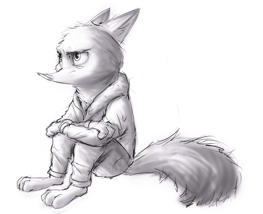 2017 anthro barefoot canine clothed clothing crossed_arms disney fox greyscale male mammal monochrome nick_wilde simple_background sitting solo sprinkah white_background zootopia