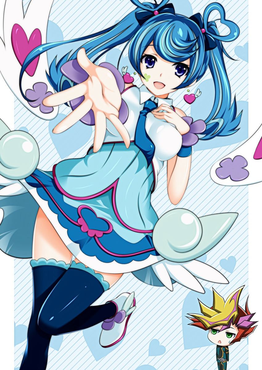 1girl blue_angel blue_eyes blue_hair blue_neckwear bow earrings facial_tattoo fujiki_yuusaku girls_century heart heart_earrings highres jewelry long_hair necktie playmaker shirt sleeveless sleeveless_shirt smile tattoo thighhighs twintails wings yuu-gi-ou yuu-gi-ou_vrains zaizen_aoi