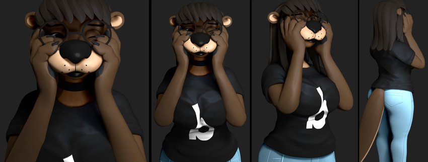 black_lips black_nose blackshirtboy butt clothed clothing collar eyewear female genrat glasses jeans mammal mustelid otter pants paws solo transformation