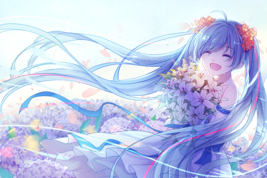 ahoge bangs blue_hair bouquet closed_eyes dress elbow_gloves floating_hair flower gloves hair_flower hair_ornament hatsune_miku highres long_hair open_mouth solo twintails very_long_hair vocaloid white_dress yue_yue