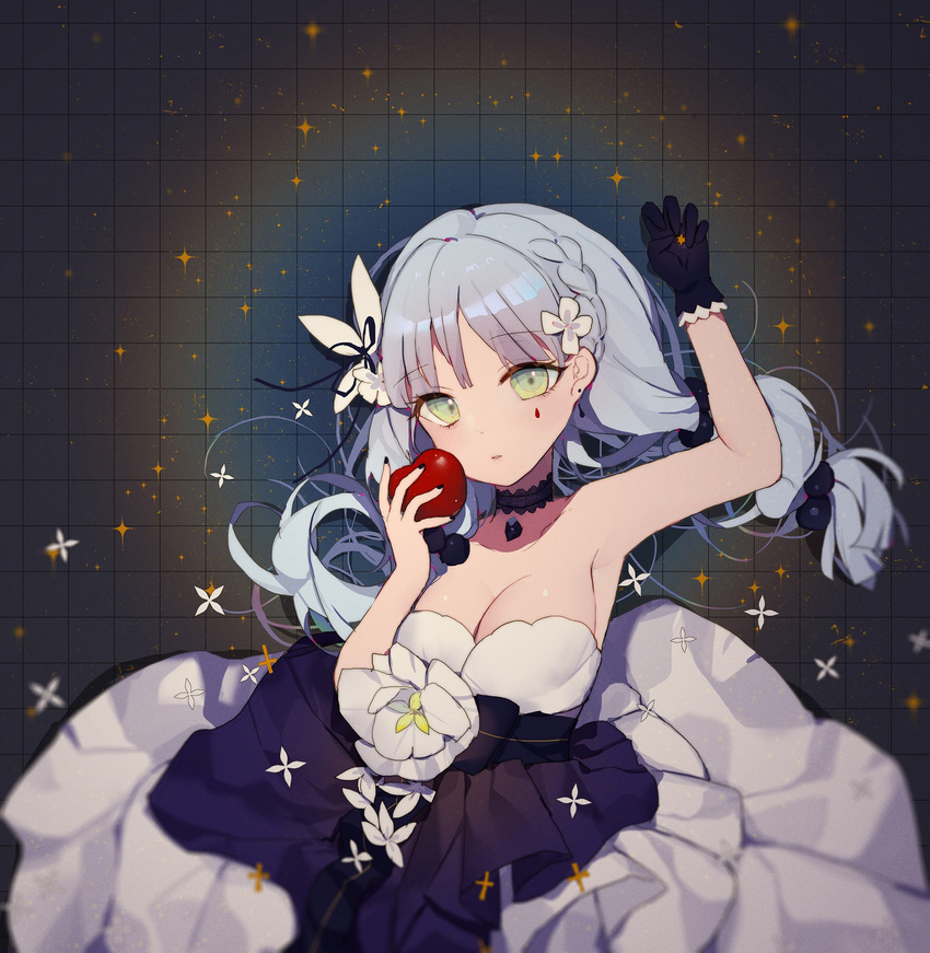 acidear apple armpits bangs bare_shoulders black_gloves braid breasts choker cleavage crown_braid eyebrows_visible_through_hair flower food fruit girls_frontline gloves green_eyes grey_hair hair_flower hair_ornament highres hk416_(girls_frontline) holding holding_food holding_fruit long_hair looking_at_viewer medium_breasts nail_polish parted_lips solo sparkle