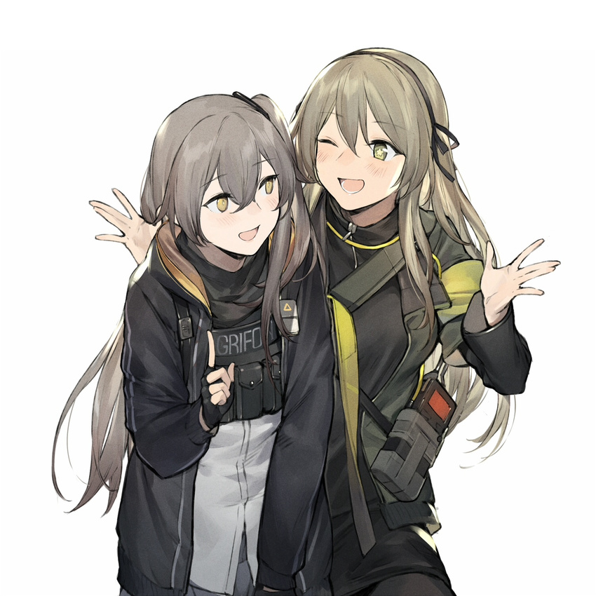 :d black_legwear brown_eyes brown_hair dress_shirt duoyuanjun fingerless_gloves flush girls_frontline gloves grey_hair highres hood hooded_jacket index_finger_raised jacket leaning_forward load_bearing_vest long_hair long_sleeves looking_at_another multiple_girls one_eye_closed one_side_up open_mouth pantyhose radio shirt shrug simple_background smile star star-shaped_pupils symbol-shaped_pupils ump40_(girls_frontline) ump45_(girls_frontline) upper_body walkie-talkie white_background yellow_eyes zipper zipper_pull_tab