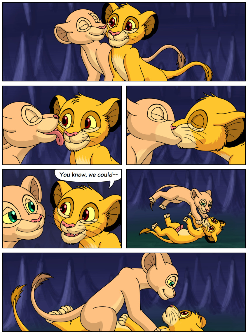 cave comic cub disney duo erection felid female feral french_kissing fur hi_res humanoid_penis kissing licking lion male male/female mammal nala pantherine penetration penis sex simba simple_background smile stalactites stalagmites text the_lion_king tongue tongue_out whiskers whoreomatic young