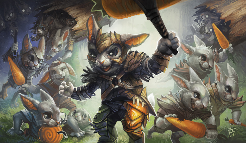 alternate_species anthro armor army backlit brandishing buckteeth carrot charging eye_patch eyewear firefeathers food front_view group lagomorph magic_the_gathering mammal open_mouth parody rabbit signature smile teeth vegetable weapon whiskers