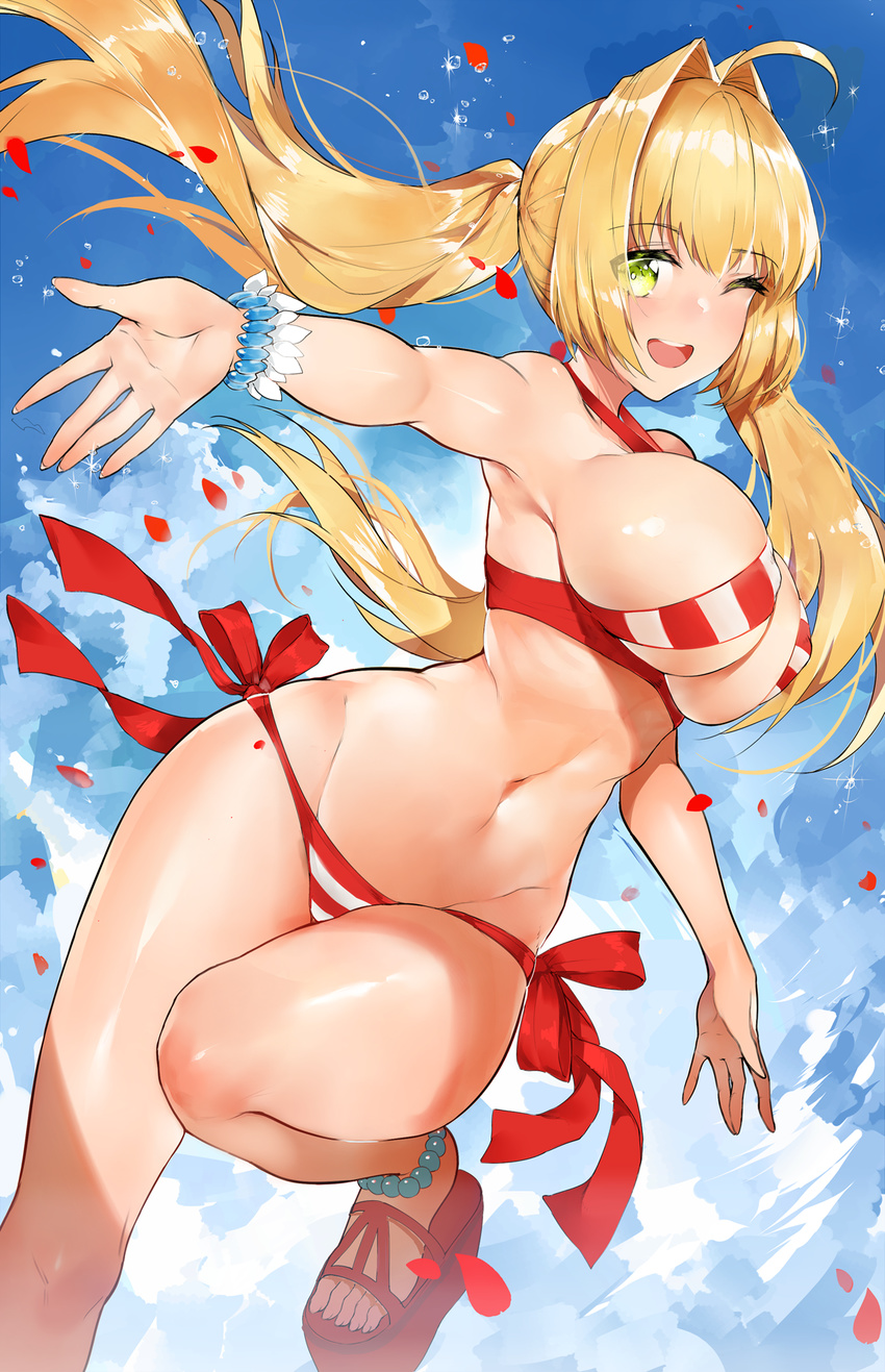 ;d ahoge anklet bead_bracelet beads bikini blonde_hair blue_sky bracelet breasts cloud day eyebrows_visible_through_hair fate/grand_order fate_(series) green_eyes highres horz jewelry large_breasts long_hair looking_to_the_side navel nero_claudius_(fate)_(all) nero_claudius_(swimsuit_caster)_(fate) one_eye_closed open_mouth outstretched_arm petals sandals side-tie_bikini sky smile solo striped striped_bikini swimsuit twintails