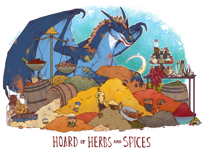 ambiguous_gender barrel bowl dragon english_text feral food front_view hoard horn iguanamouth jar looking_at_viewer membranous_wings scalie signature simple_background smile solo spines spread_wings stains teryx_commodore text wings
