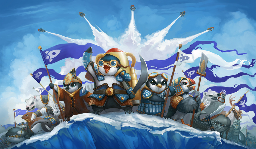 amazing anthro armor army avian bear bird cervine cetacean eyewear firefeathers flag flying goggles goggles_on_forehead group ice jet_pack low-angle_view magic_the_gathering mammal marine melee_weapon narwhal orca outside parody penguin pinniped polar_bear puffin reindeer sabre_(weapon) walrus warrior weapon whale winged_arms wings