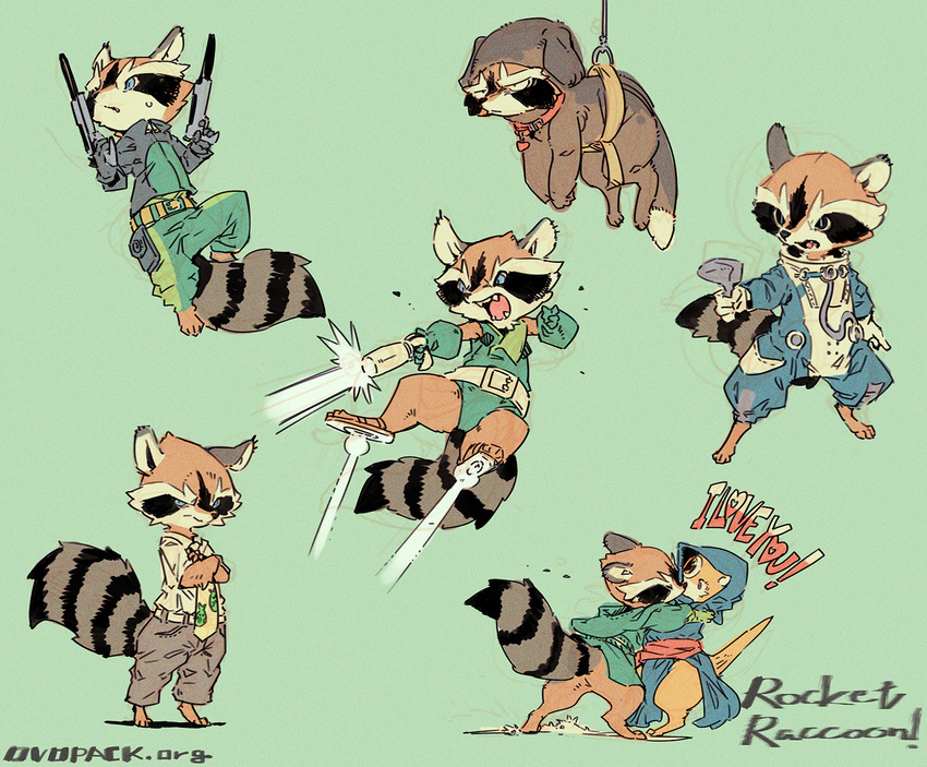 anthro clothed clothing digitigrade disguise duo english_text eyes_closed female flying frown fully_clothed grumpy guardians_of_the_galaxy guide_lines holding_object holding_weapon hug laser_gun lylla male male/female mammal marvel multiple_images mustelid otter ovopack raccoon ranged_weapon rocket_raccoon solo spacesuit suspension text unamused uniform url weapon