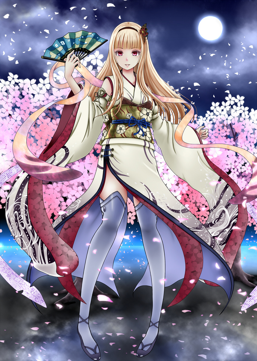 akai_katana bangs blonde_hair blunt_bangs cherry_blossoms cloud cloudy_sky commentary_request detached_sleeves fan folding_fan full_moon hair_ornament hairband highres holding japanese_clothes kimono looking_at_viewer moon night night_sky obi parted_lips petals red_eyes revision roshiakouji-chan sash shuumeigiku sky smile solo thighhighs white_legwear zettai_ryouiki