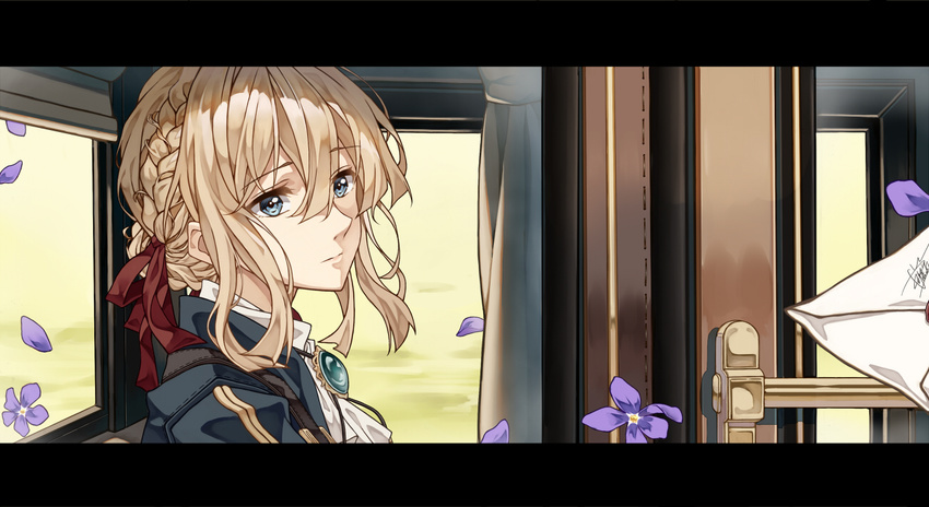 blonde_hair blue_eyes braid cheese_kang hair_between_eyes hair_ribbon letter letterboxed long_hair petals revision ribbon solo violet_evergarden violet_evergarden_(character)