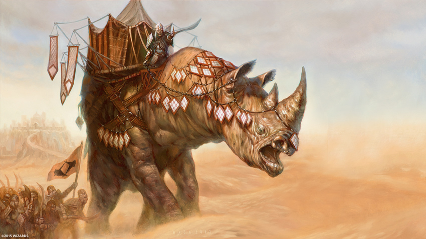 16:9 armor army brandishing desert feral group horn human magic_the_gathering mammal official_art open_mouth quadruped rhinoceros size_difference soldier solo_focus tent volkan_baga walking