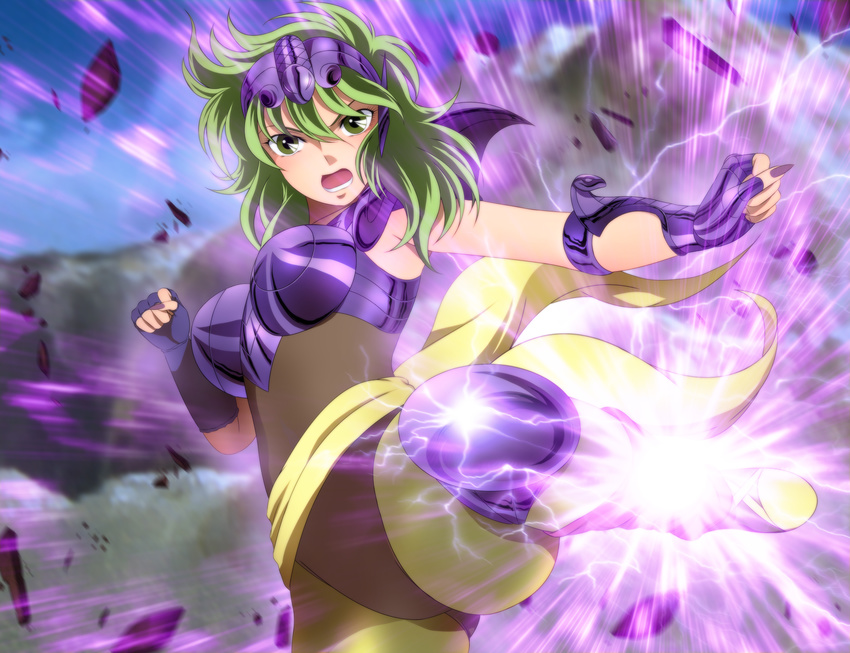 1girl armor boots breasts clenched_hands electricity feet fighting_stance green_eyes green_hair highres large_breasts leg_up legs leotard long_fingernails looking_at_viewer matching_hair/eyes mountain nail_polish open_mouth ophiuchus_shaina outdoors saint_seiya serious shiny shiny_armor short_hair shoulder_pads sky solo thighs tiara yadokari_genpachirou