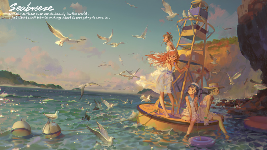 :d alphonse_(white_datura) bare_shoulders barefoot bird black_hair brown_eyes buoy dress english glasses hair_ribbon hat highres innertube long_hair mountain multiple_girls ocean open_mouth original ribbon sailor_dress seagull short_hair sitting sleeveless sleeveless_dress smile soaking_feet wallpaper wind_turbine windmill